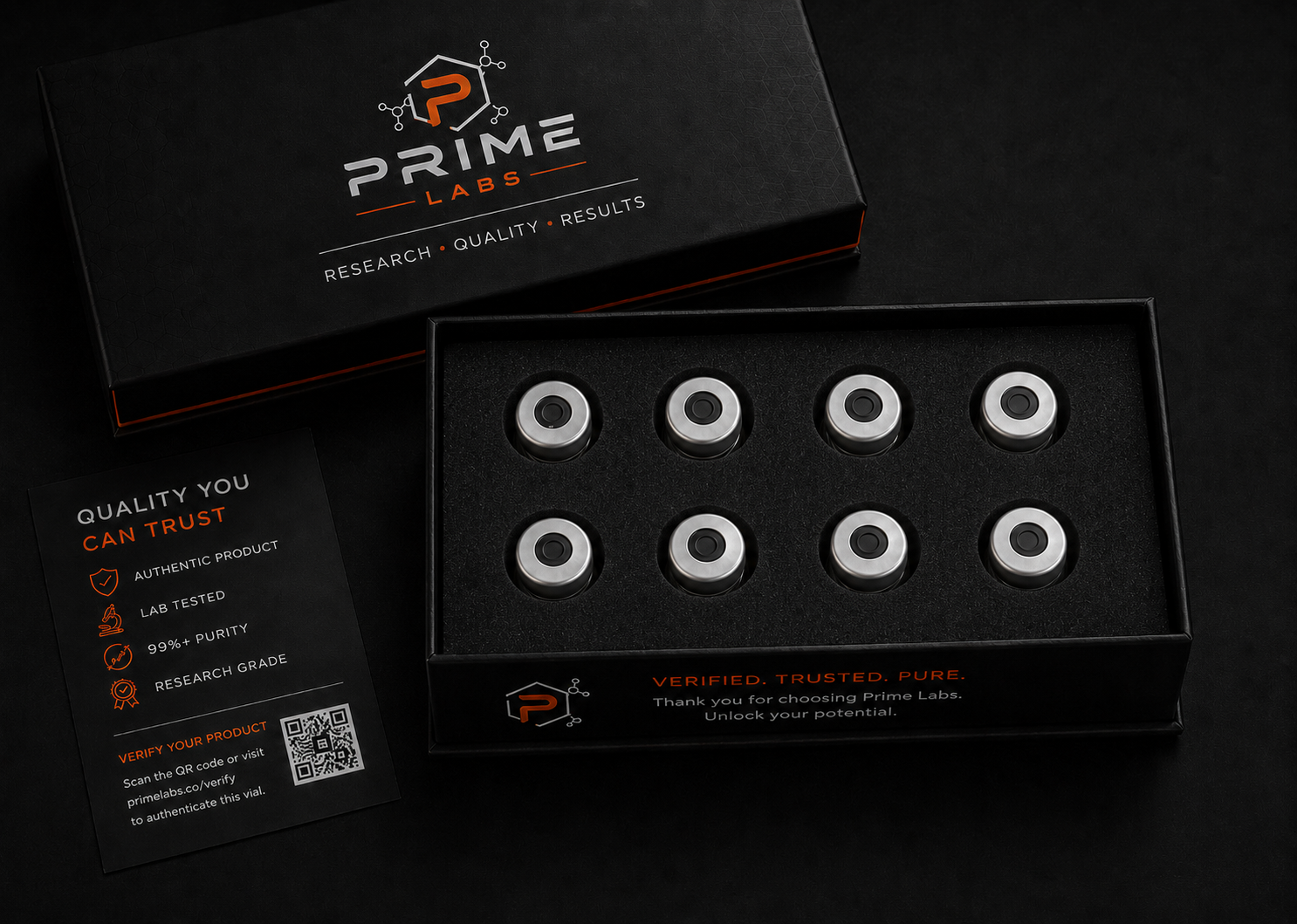 Prime Labs premium packaging with authentication card and vial holders